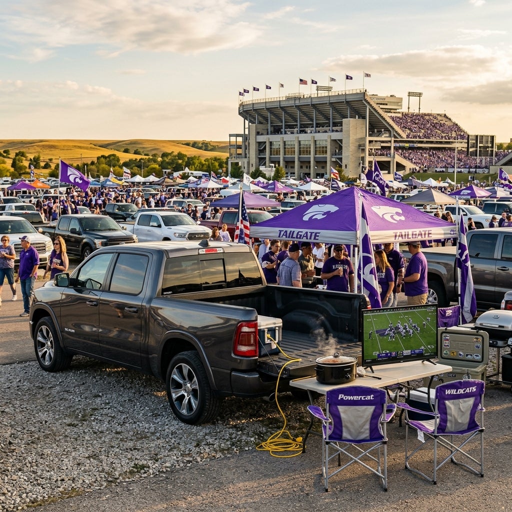Grey pickup truck at a Kansas State tailgating setup with a TV, chairs, and slow cooker in front of the stadium. (Representative image for illustration purposes only. Actual vehicle may vary based on trim and configuration.)
