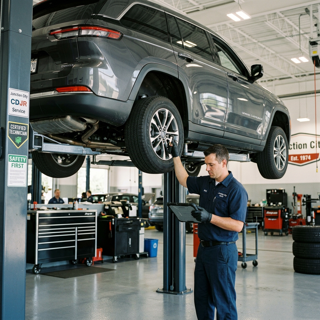 A technician inspecting a grey SUV on a car lift in an automotive service shop. (Representative image for illustration purposes only. Actual vehicle may vary based on trim and configuration.)