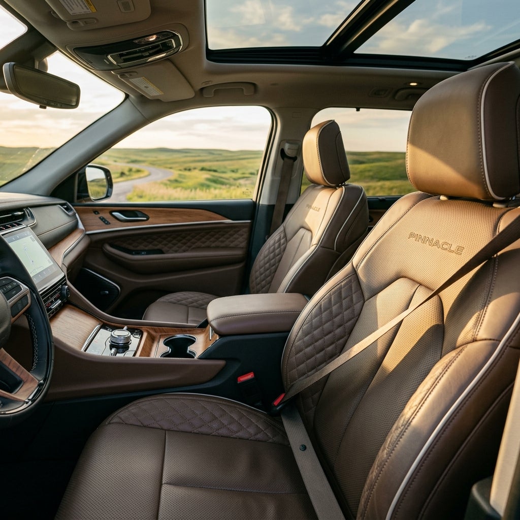 Interior of a luxury car featuring brown quilted leather seats with Pinnacle stitching, wood trim, and a panoramic sunroof. (Representative image for illustration purposes only. Actual vehicle may vary based on trim and configuration.)