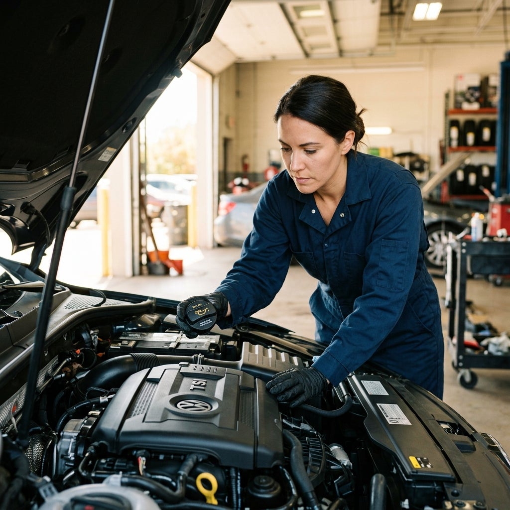 A female mechanic in dark blue coveralls inspects a Volkswagen car engine while holding an oil cap. (Representative image for illustration purposes only. Actual vehicle may vary based on trim and configuration.)