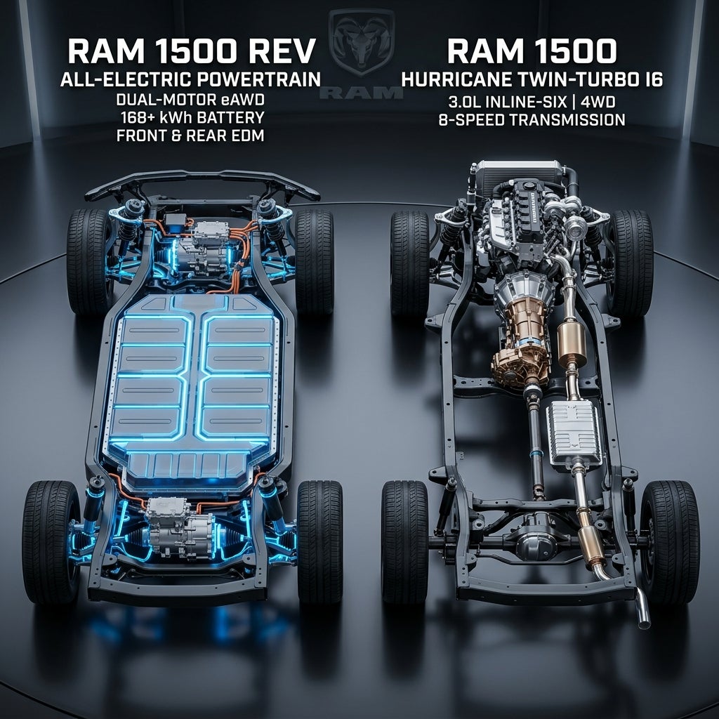 Side-by-side visual comparison of the all-electric Ram 1500 REV chassis and the gas Ram 1500 Hurricane I6 chassis. (Representative image for illustration purposes only. Actual vehicle may vary based on trim and configuration.)