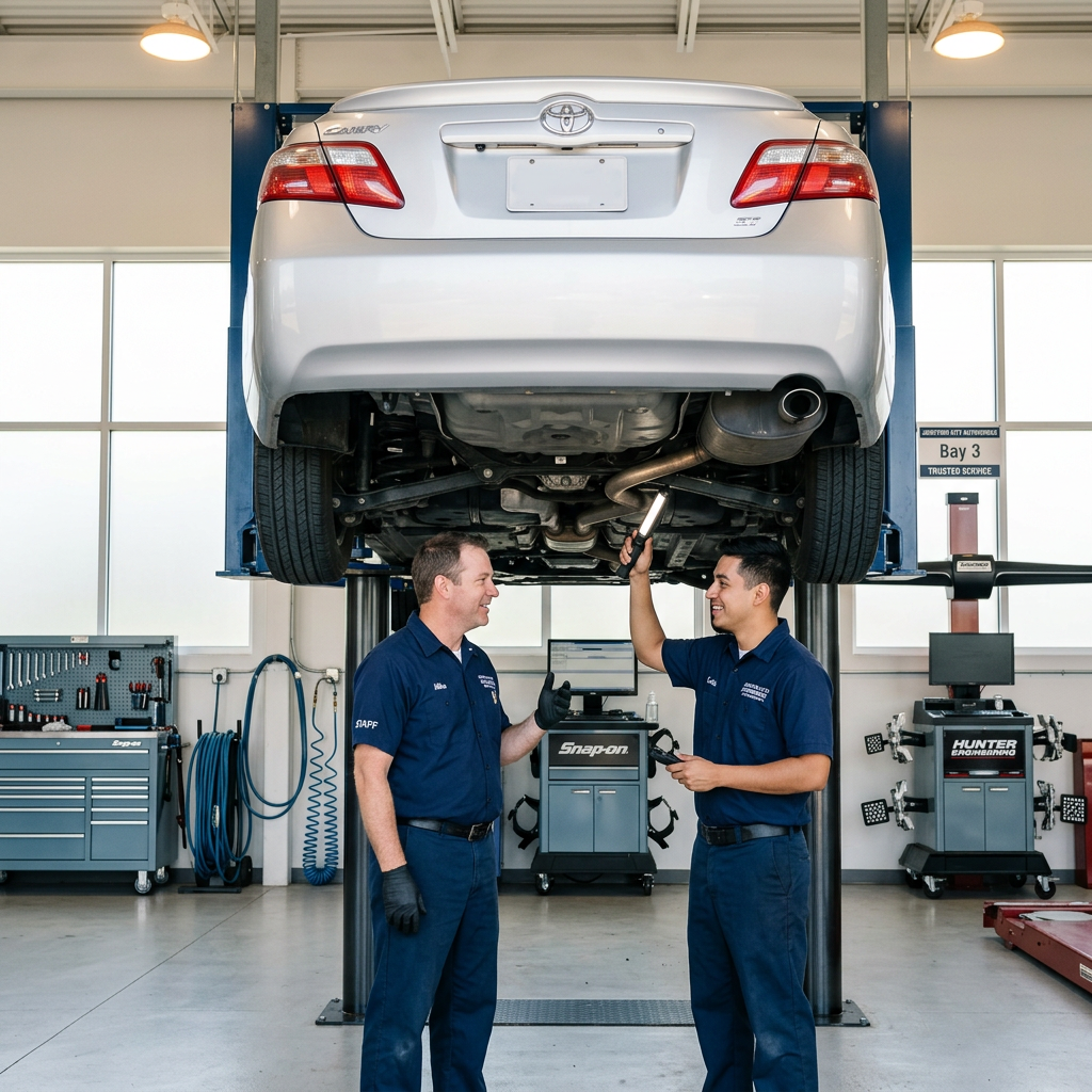 Two auto mechanics in blue uniforms inspect the underside of a silver Toyota Camry raised on a vehicle lift. (Representative image for illustration purposes only. Actual vehicle may vary based on trim and configuration.)