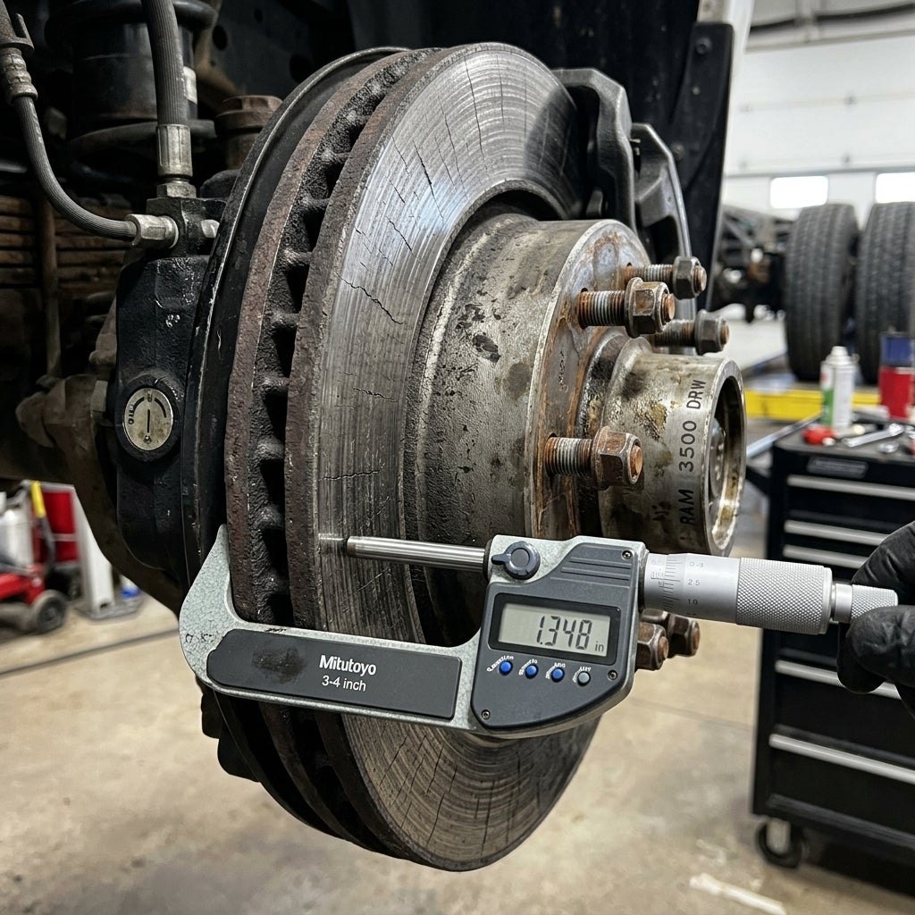 A digital micrometer measuring the thickness of a heavily cracked RAM 3500 brake rotor in a shop. (Representative image for illustration purposes only. Actual vehicle may vary based on trim and configuration.)