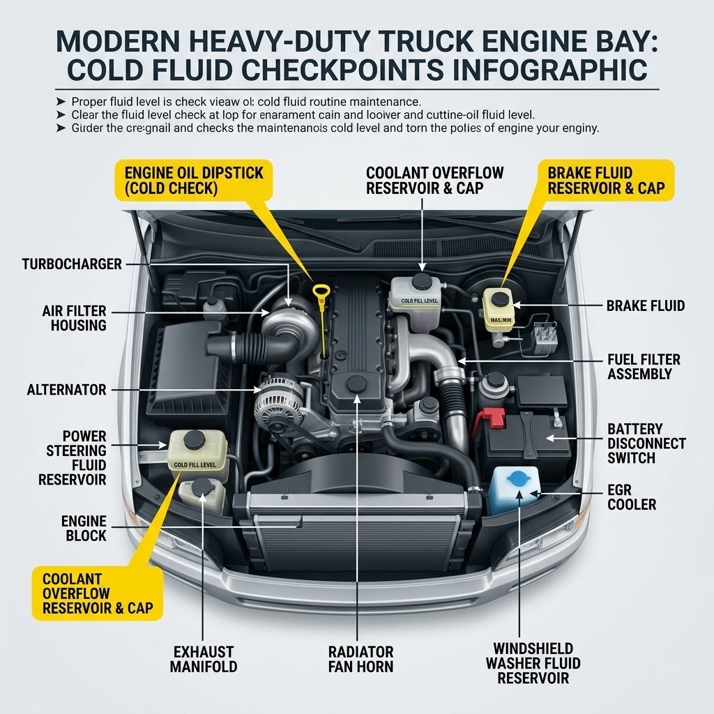 Diagram of a heavy-duty truck engine bay detailing cold fluid checkpoints and mechanical components. (Representative image for illustration purposes only. Actual vehicle may vary based on trim and configuration.)