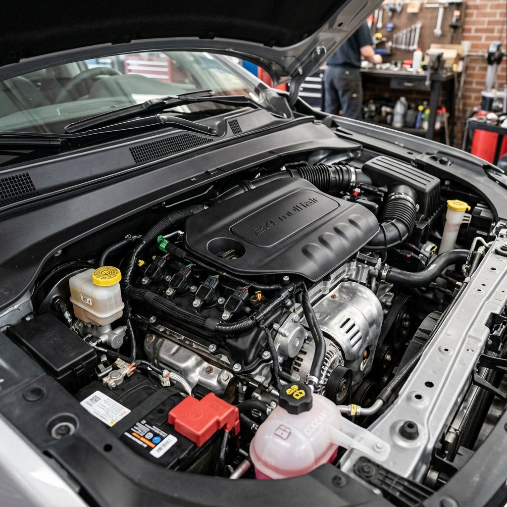 Open hood displaying a 2.4 MultiAir car engine, battery, and fluid reservoirs inside an auto repair shop. (Representative image for illustration purposes only. Actual vehicle may vary based on trim and configuration.)
