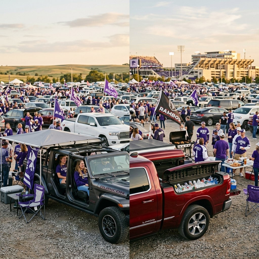 Side-by-side view of a K-State football tailgate featuring a Jeep Gladiator and a Ram truck with a built-in cooler. (Representative image for illustration purposes only. Actual vehicle may vary based on trim and configuration.)
