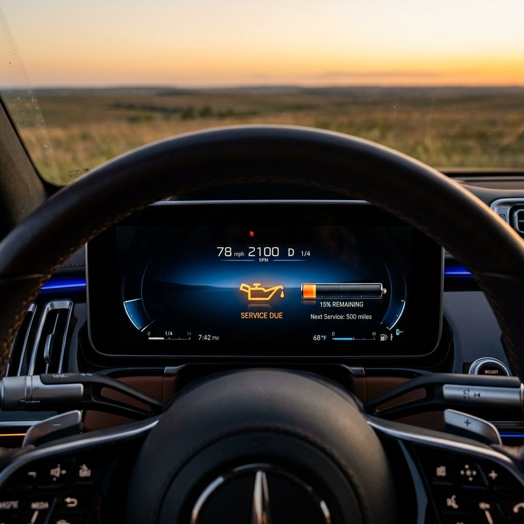 View through a Mercedes steering wheel at a digital dashboard displaying a service due oil icon at sunset. (Representative image for illustration purposes only. Actual vehicle may vary based on trim and configuration.)