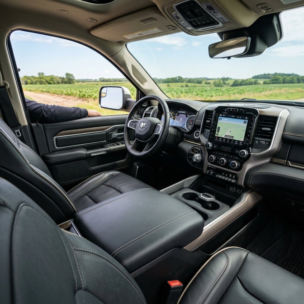 Dashboard, steering wheel, and leather seats inside a RAM pickup truck driving along a rural country road. (Representative image for illustration purposes only. Actual vehicle may vary based on trim and configuration.)