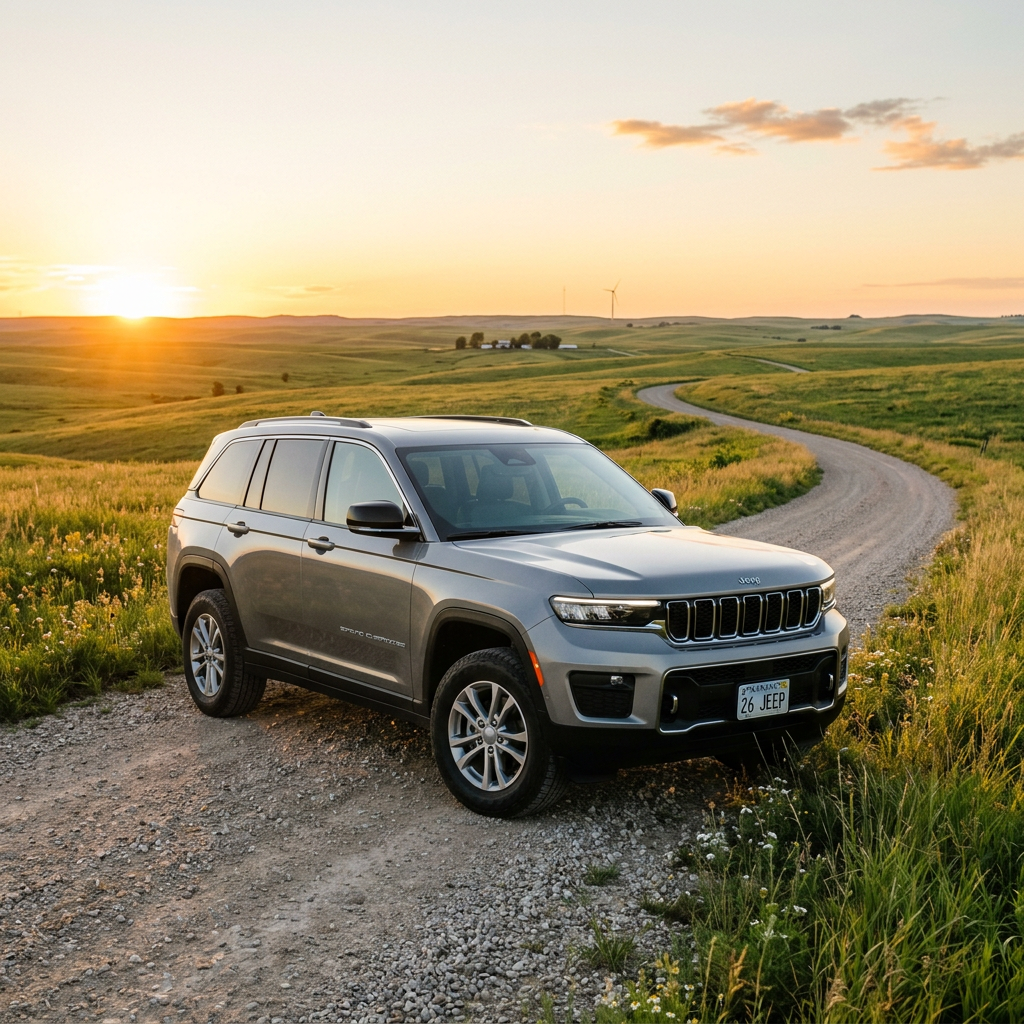 {
"altText": "A silver Jeep Grand Cherokee parked on a gravel path in a rolling green field during sunset.",
"title": "Je (Representative image for illustration purposes only. Actual vehicle may vary based on trim and configuration.)