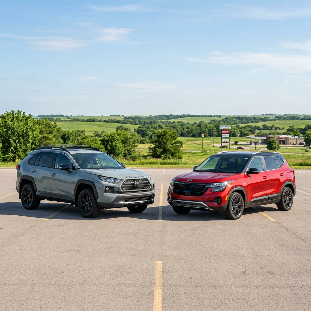 A grey Toyota RAV4 and a red Kia Seltos parked side-by-side in a parking lot with green hills in the background. (Representative image for illustration purposes only. Actual vehicle may vary based on trim and configuration.)