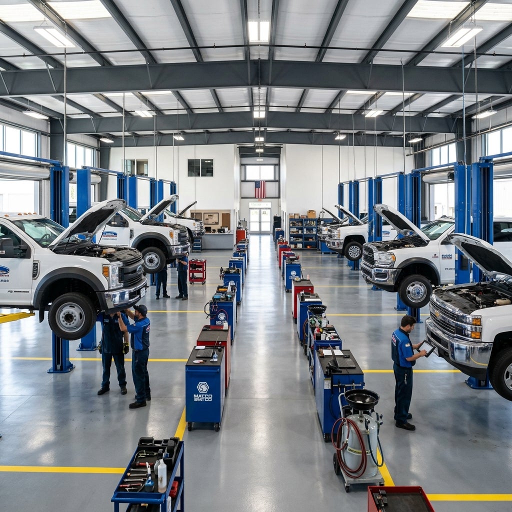 Mechanics servicing white pickup trucks on lifts inside a clean, modern commercial auto repair shop. (Representative image for illustration purposes only. Actual vehicle may vary based on trim and configuration.)