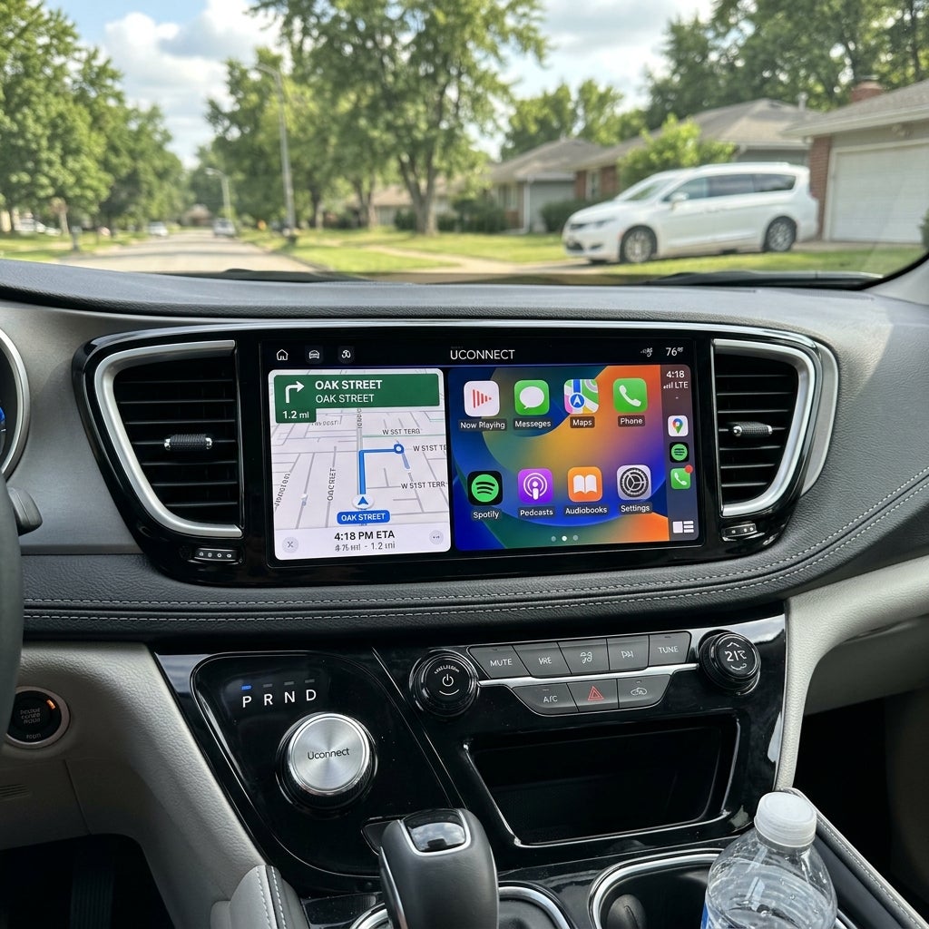 A modern car dashboard displaying Apple CarPlay navigation and apps on the infotainment screen. (Representative image for illustration purposes only. Actual vehicle may vary based on trim and configuration.)