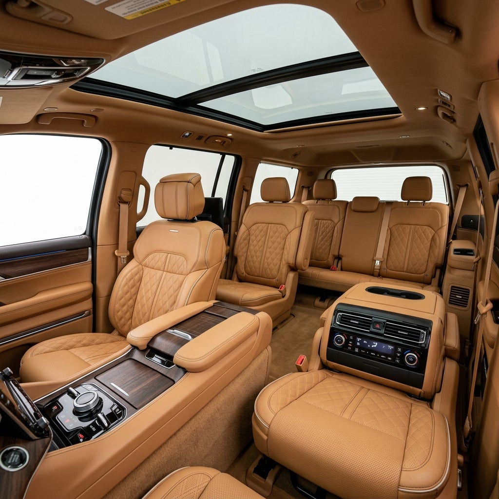 Spacious luxury SUV interior featuring tan quilted leather seats, wood trim, and a panoramic sunroof. (Representative image for illustration purposes only. Actual vehicle may vary based on trim and configuration.)