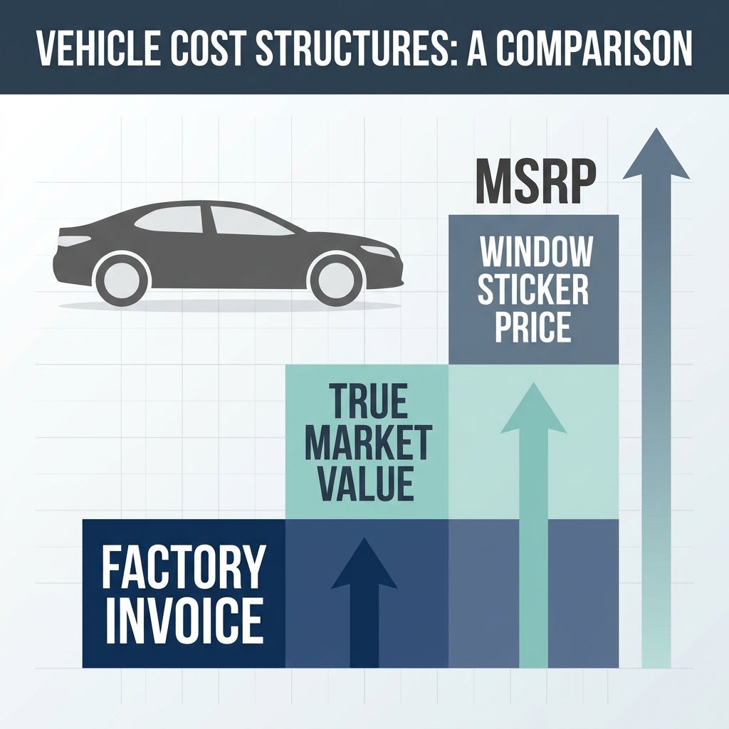 Infographic comparing vehicle pricing structures: Factory Invoice, True Market Value, and MSRP Window Sticker Price. (Representative image for illustration purposes only. Actual vehicle may vary based on trim and configuration.)