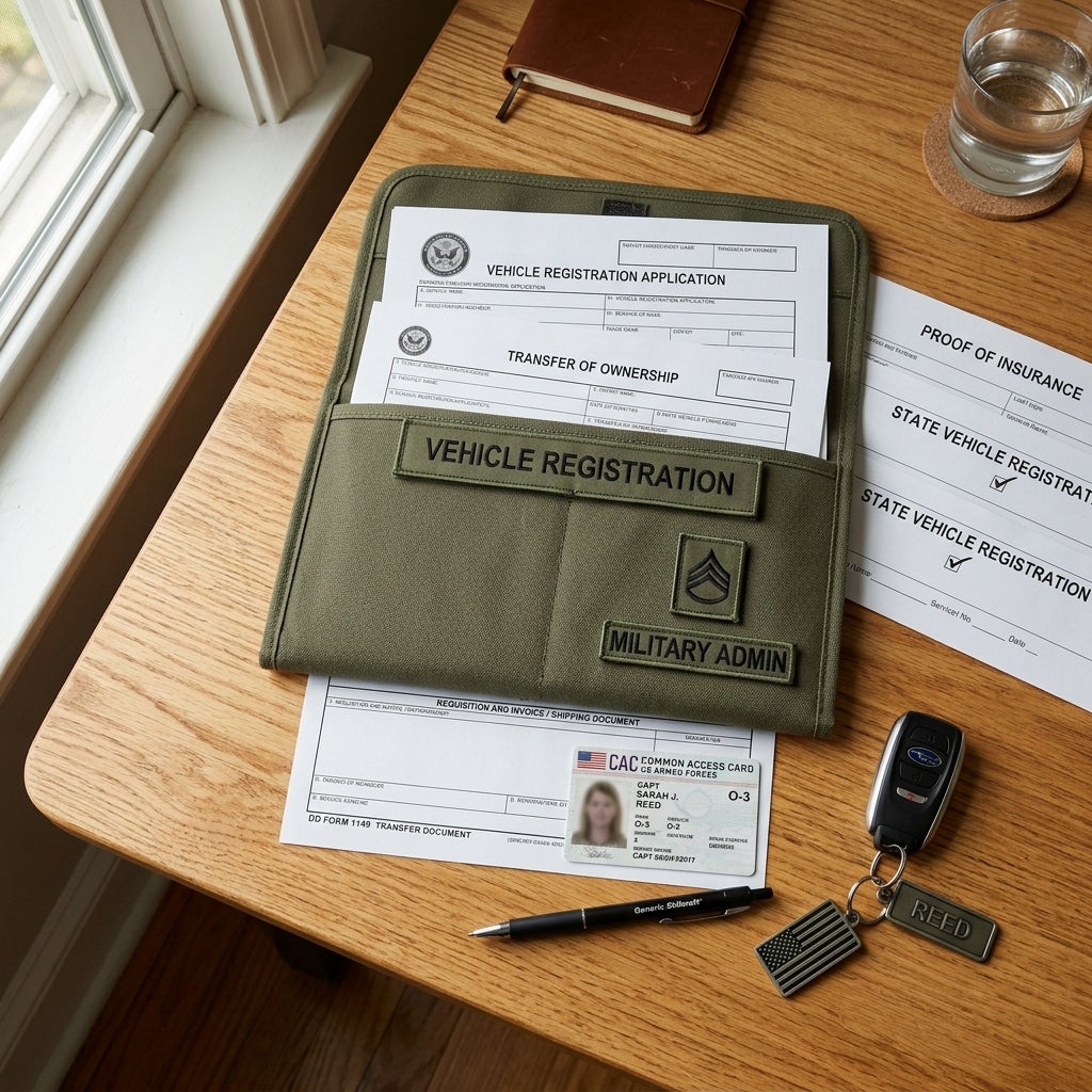 Olive green military admin pouch with vehicle registration documents, military ID, car keys, and pen on a wooden desk. (Representative image for illustration purposes only. Actual vehicle may vary based on trim and configuration.)