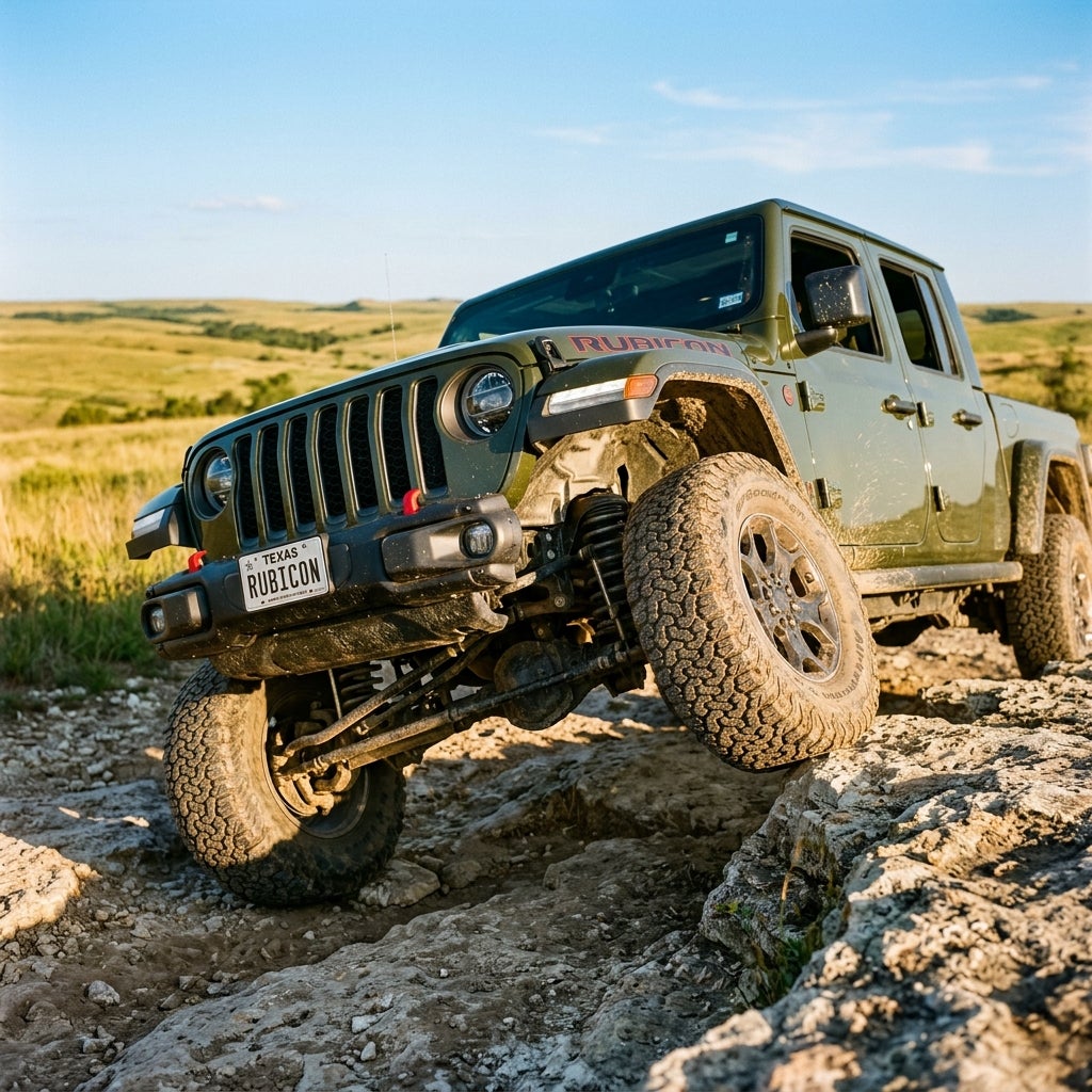 Green Jeep Gladiator Rubicon flexing its suspension while climbing over large rocks on a sunny day. (Representative image for illustration purposes only. Actual vehicle may vary based on trim and configuration.)