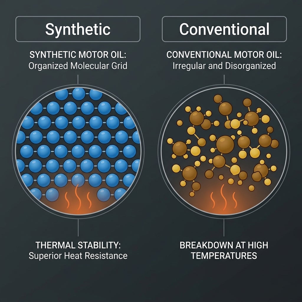 Graphic comparing the molecular structure and thermal stability of synthetic and conventional motor oils. (Representative image for illustration purposes only. Actual vehicle may vary based on trim and configuration.)