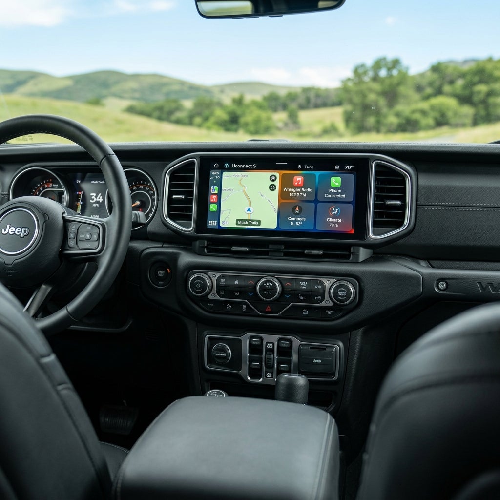 Modern Jeep Wrangler dashboard showing a digital screen with Apple CarPlay navigation and rolling green hills outside. (Representative image for illustration purposes only. Actual vehicle may vary based on trim and configuration.)