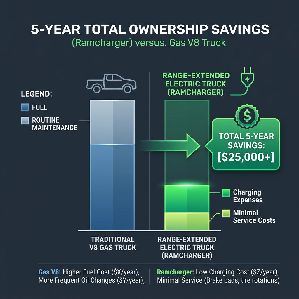 Bar graph comparing 5-year ownership costs showing over $25,000 in savings for a Ramcharger EV over a gas V8 truck. (Representative image for illustration purposes only. Actual vehicle may vary based on trim and configuration.)