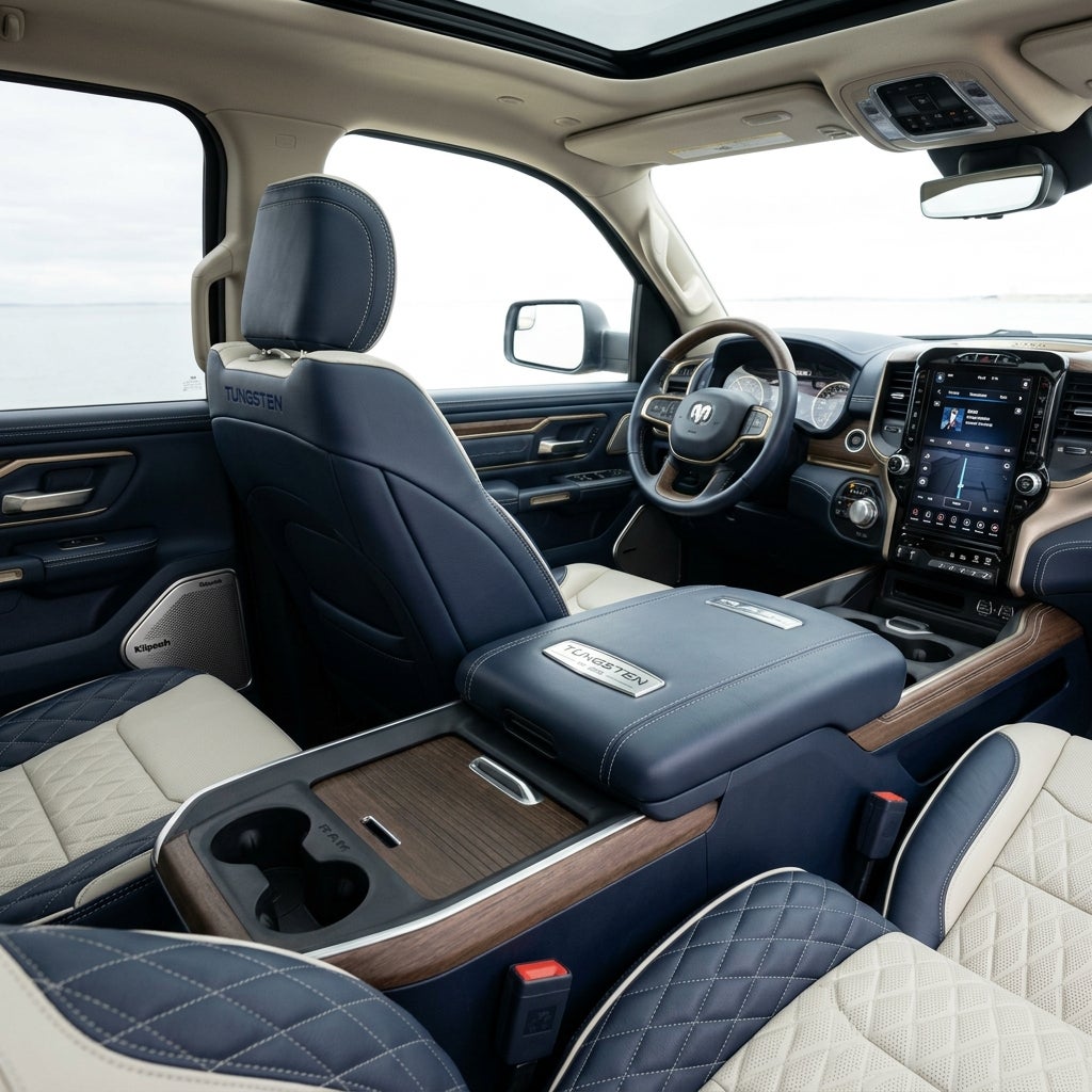 Luxury interior of a Ram 1500 Tungsten truck featuring blue and cream leather seats, wood trim, and a large touchscreen. (Representative image for illustration purposes only. Actual vehicle may vary based on trim and configuration.)