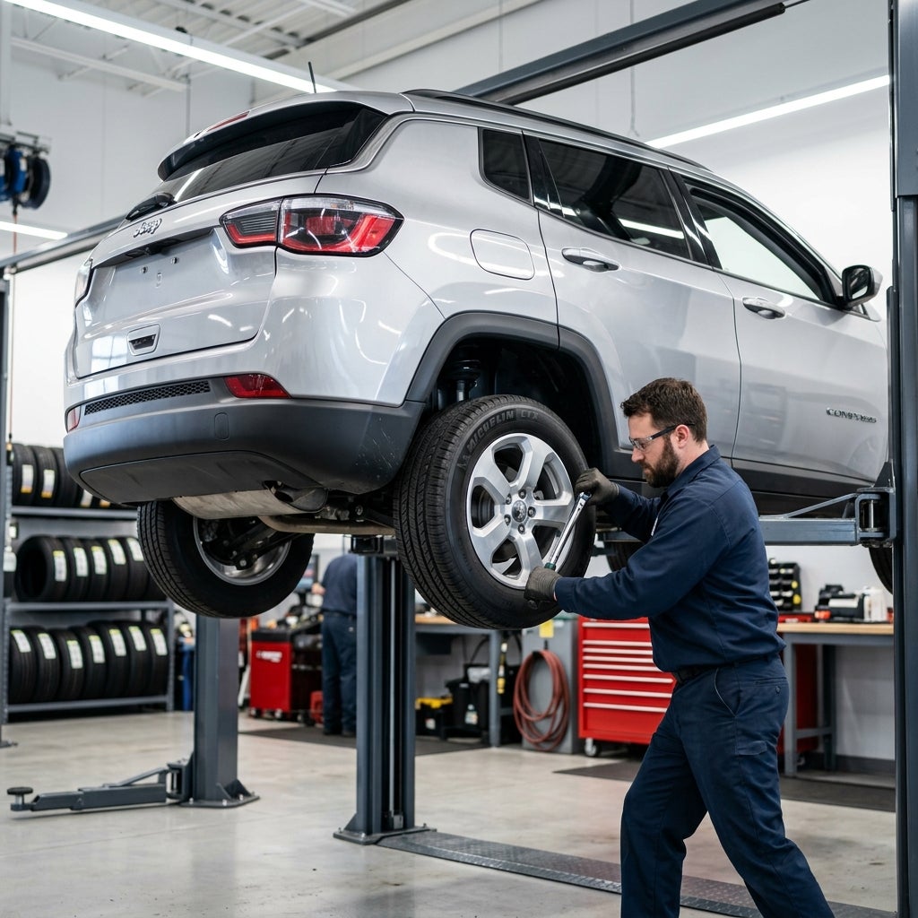 A mechanic using a wrench to secure a wheel on a silver SUV raised on a car lift in an auto repair shop. (Representative image for illustration purposes only. Actual vehicle may vary based on trim and configuration.)