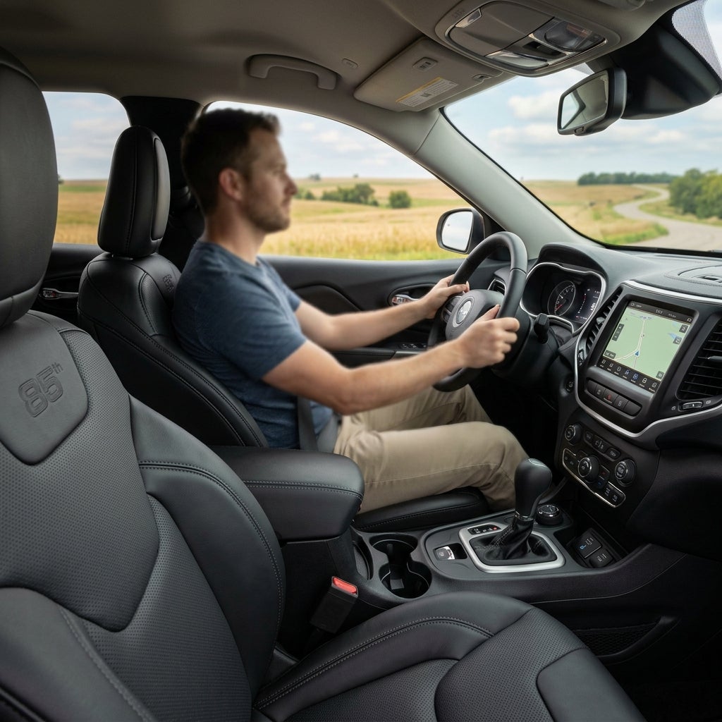 A man driving a modern SUV with black leather seats along a winding rural road seen from the interior. (Representative image for illustration purposes only. Actual vehicle may vary based on trim and configuration.)