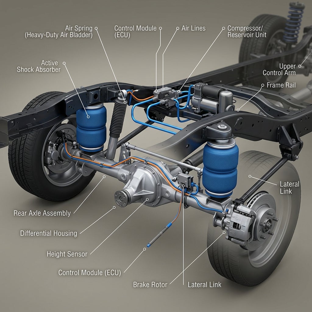 Annotated diagram of a vehicle's rear air suspension system highlighting the air springs, compressor, and axle. (Representative image for illustration purposes only. Actual vehicle may vary based on trim and configuration.)