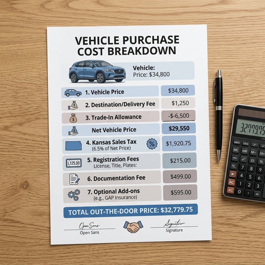 Vehicle purchase cost breakdown document on a wooden desk next to a calculator displaying a total of 32,779.75. (Representative image for illustration purposes only. Actual vehicle may vary based on trim and configuration.)