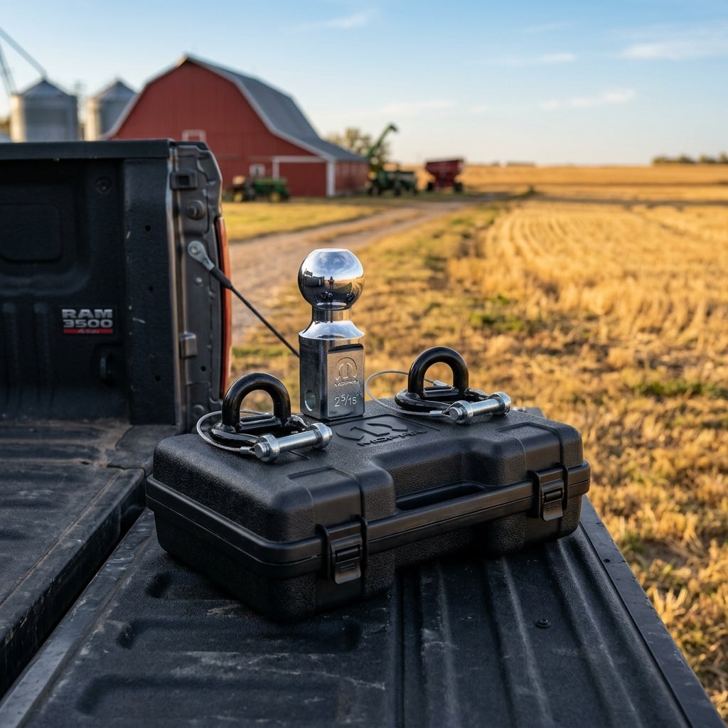 Mopar gooseneck ball hitch and safety chain tie-downs resting on a black case on a RAM 3500 truck tailgate. (Representative image for illustration purposes only. Actual vehicle may vary based on trim and configuration.)