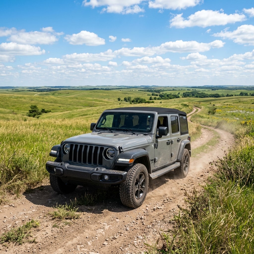 A grey Jeep Wrangler drives along a dirt trail through rolling green hills under a bright blue sky. (Representative image for illustration purposes only. Actual vehicle may vary based on trim and configuration.)