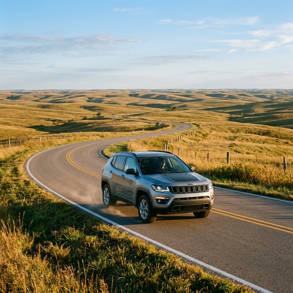 Silver SUV driving down a winding asphalt road through rolling golden hills under a clear blue sky. (Representative image for illustration purposes only. Actual vehicle may vary based on trim and configuration.)