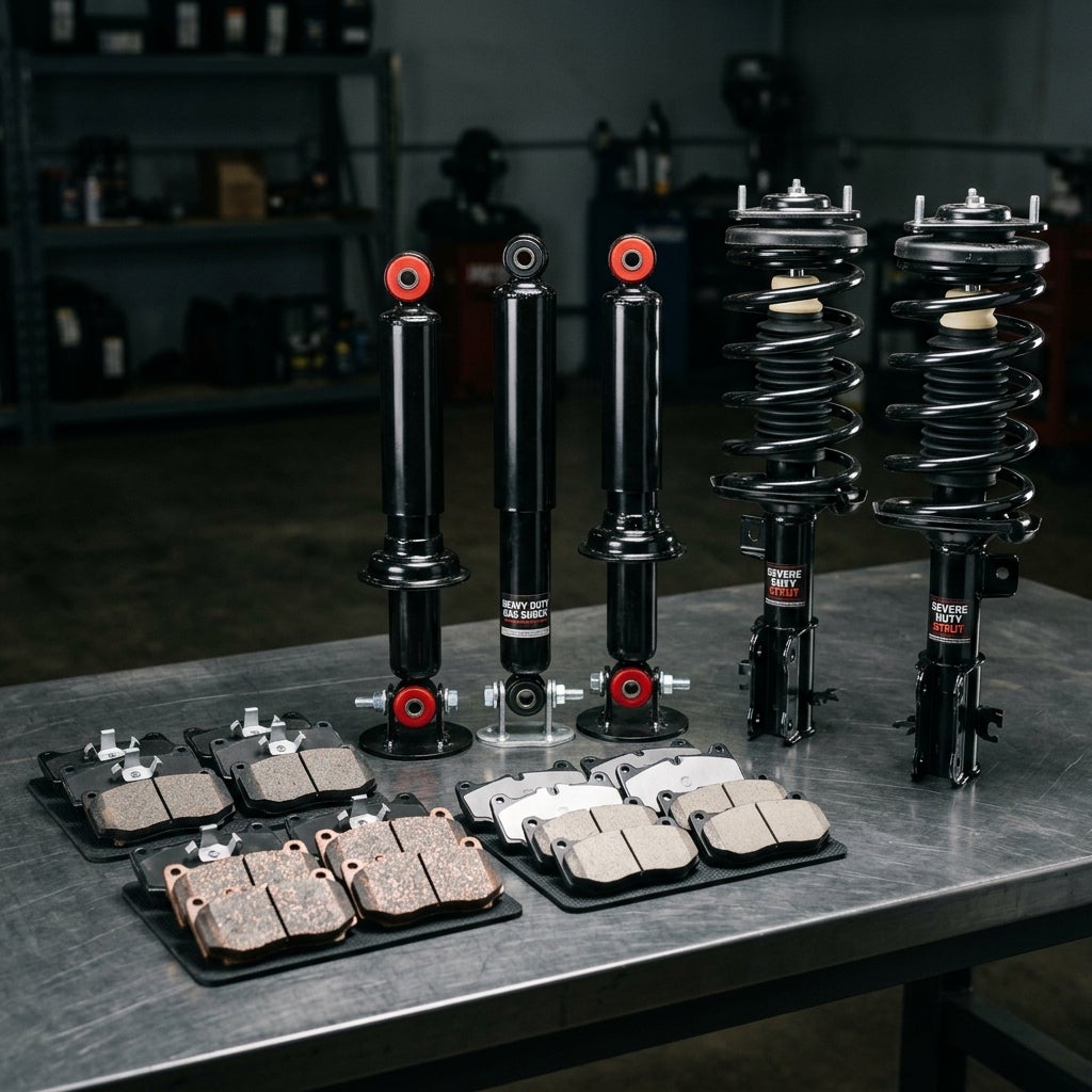 Black heavy-duty shock absorbers, front struts with coil springs, and ceramic brake pads set on a metal table. (Representative image for illustration purposes only. Actual vehicle may vary based on trim and configuration.)