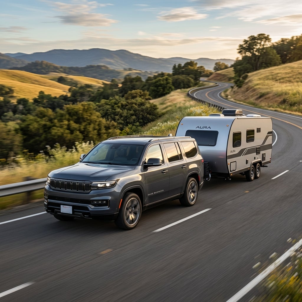 Dark gray SUV towing a silver travel trailer along a scenic winding road through rolling hills at sunset. (Representative image for illustration purposes only. Actual vehicle may vary based on trim and configuration.)