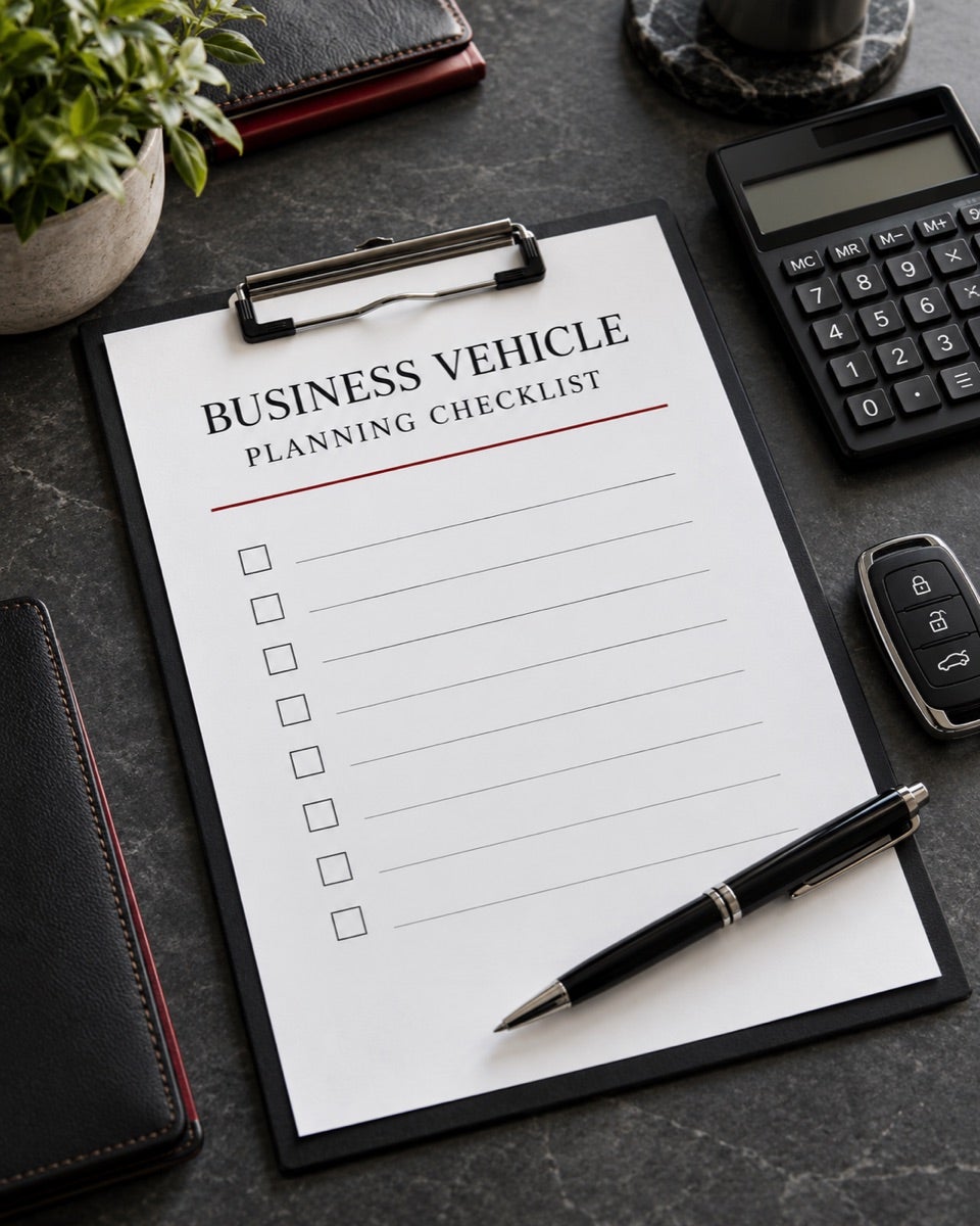 Business vehicle planning checklist with a calculator, pen, and vehicle key