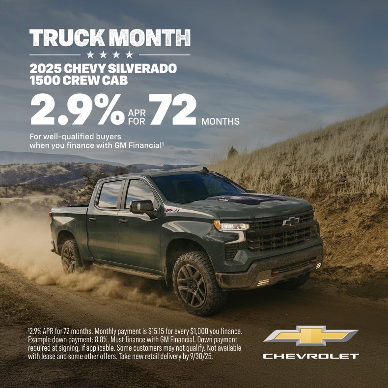 A cypress gray 2025 Chevrolet Silverado Trailboss with a promotion "Truck Month Save Big!" and "2.9% APR for 72 Months