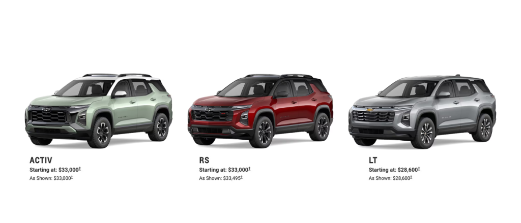 2025 Equinox Trim Levels A comparison of the 2025 Chevrolet Equinox LT, RS, and Activ trims, showcasing their different styling cues.