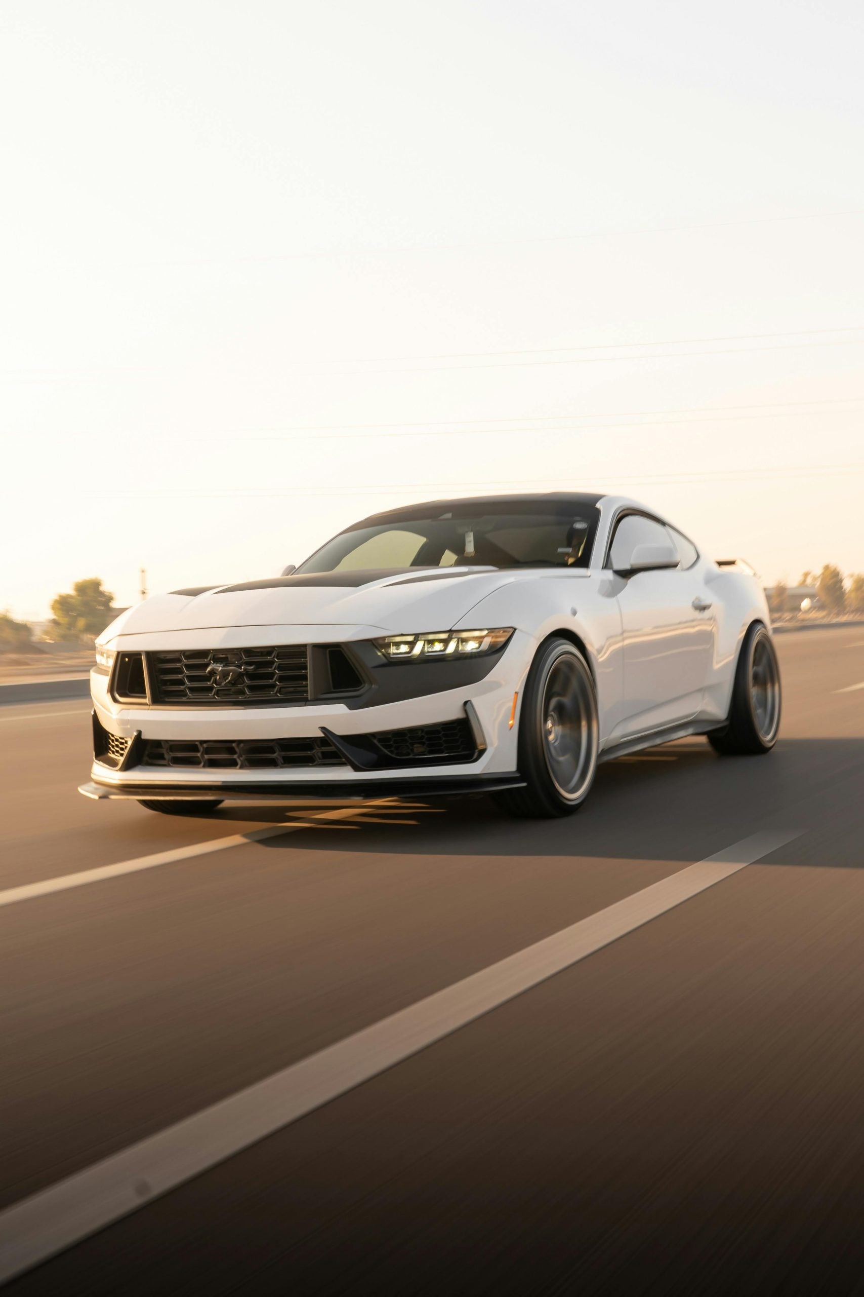 Dynamic White Mustang on Open Highway