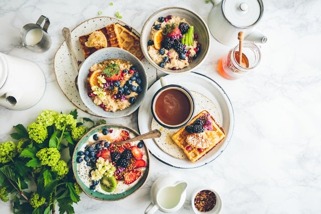 fruit salad in gray bowls
