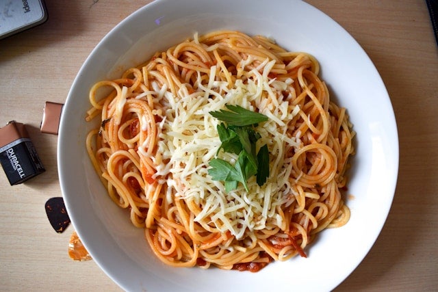 Spaghetti on white plate
