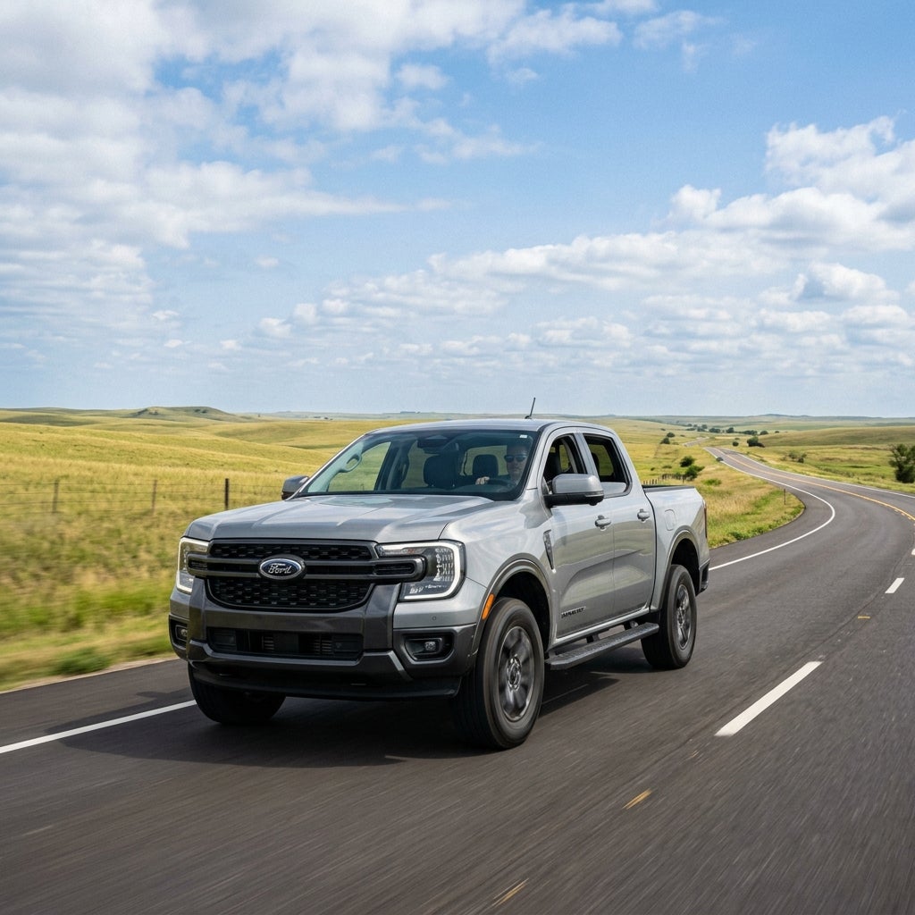 A silver Ford Ranger pickup truck driving along a curving country road through rolling green hills. (Representative image for illustration purposes only. Actual vehicle may vary based on trim and configuration.)