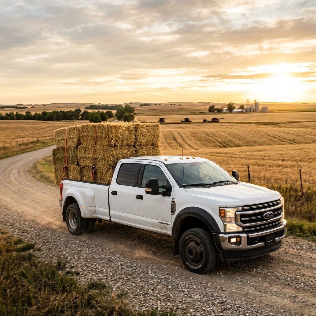 White dually Ford pickup truck carrying stacked hay bales down a rural gravel road at sunset. (Representative image for illustration purposes only. Actual vehicle may vary based on trim and configuration.)