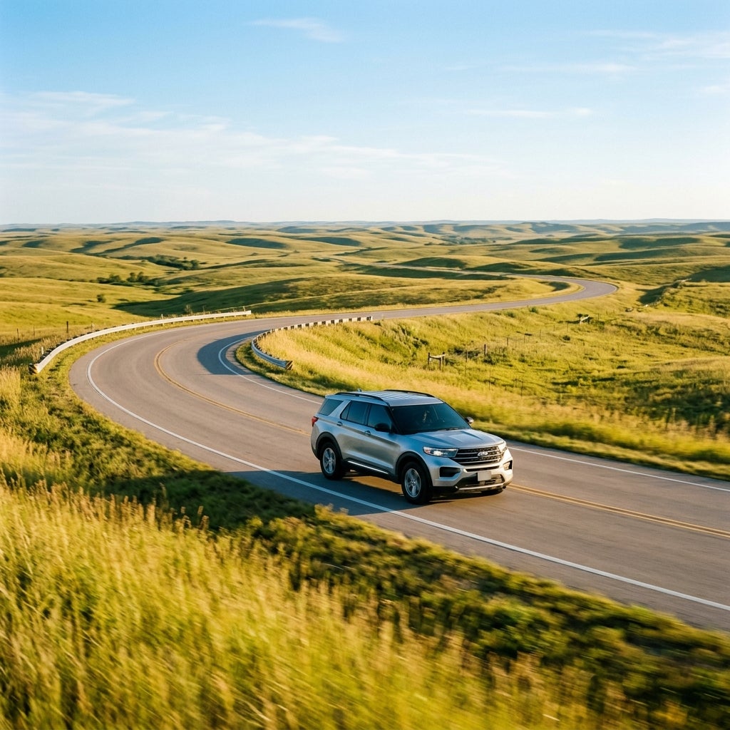 Silver SUV driving along a winding asphalt road through rolling green grass hills under a blue sky. (Representative image for illustration purposes only. Actual vehicle may vary based on trim and configuration.)