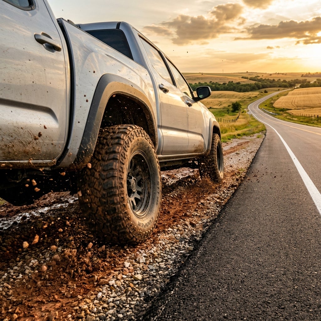 Silver pickup truck kicks up mud while driving along a paved country road shoulder at sunset. (Representative image for illustration purposes only. Actual vehicle may vary based on trim and configuration.)