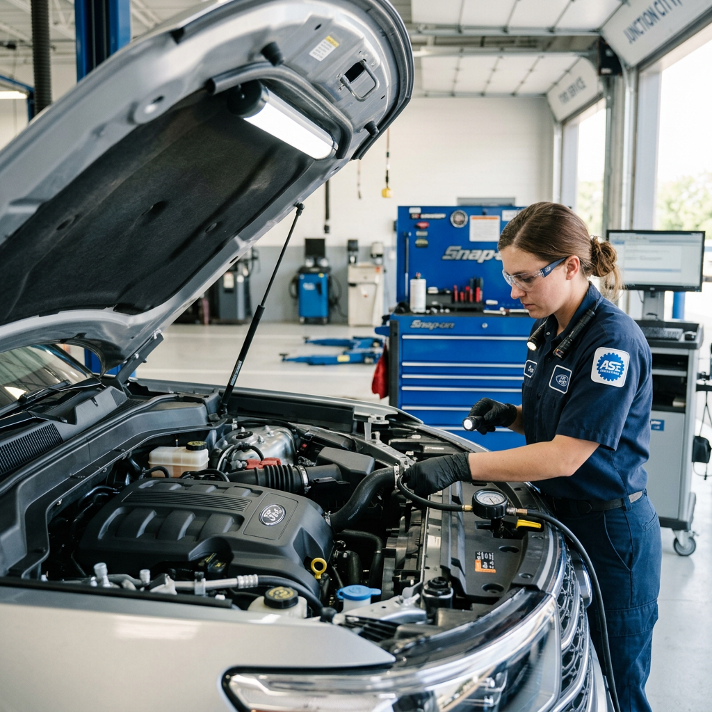A female mechanic wearing safety glasses inspects a car engine with a pressure gauge in a well-lit auto shop. (Representative image for illustration purposes only. Actual vehicle may vary based on trim and configuration.)