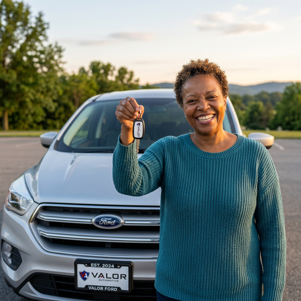Smiling woman holding up the keys to her new silver Ford SUV in a parking lot. (Representative image for illustration purposes only. Actual vehicle may vary based on trim and configuration.)