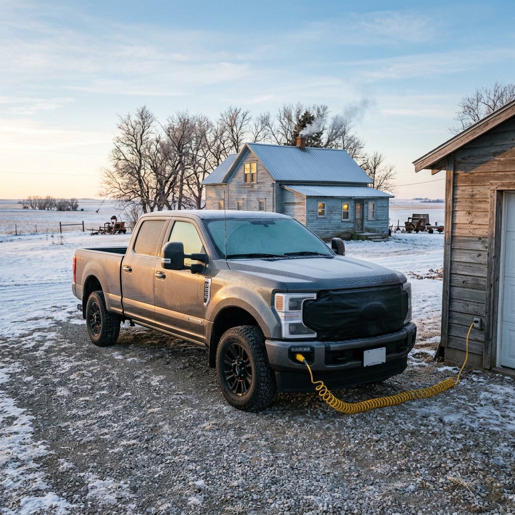 Gray Ford Super Duty pickup truck plugged into an outdoor wall outlet on a snowy rural driveway. (Representative image for illustration purposes only. Actual vehicle may vary based on trim and configuration.)