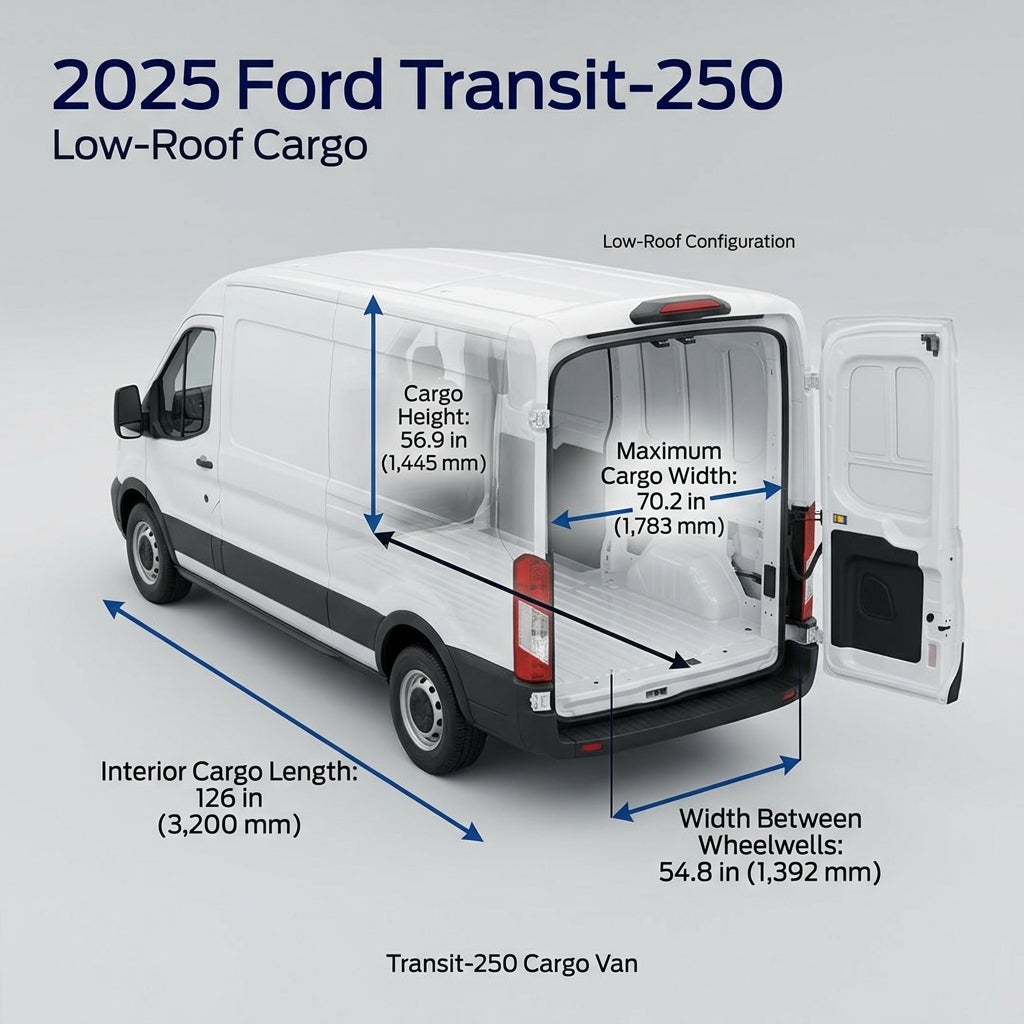 Diagram of a 2025 Ford Transit-250 Low-Roof Cargo van showing interior dimensions like length, height, and width. (Representative image for illustration purposes only. Actual vehicle may vary based on trim and configuration.)
