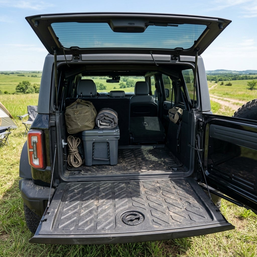 The open trunk of a black Ford Bronco showing camping gear and an extended slide-out tailgate in a grassy field. (Representative image for illustration purposes only. Actual vehicle may vary based on trim and configuration.)