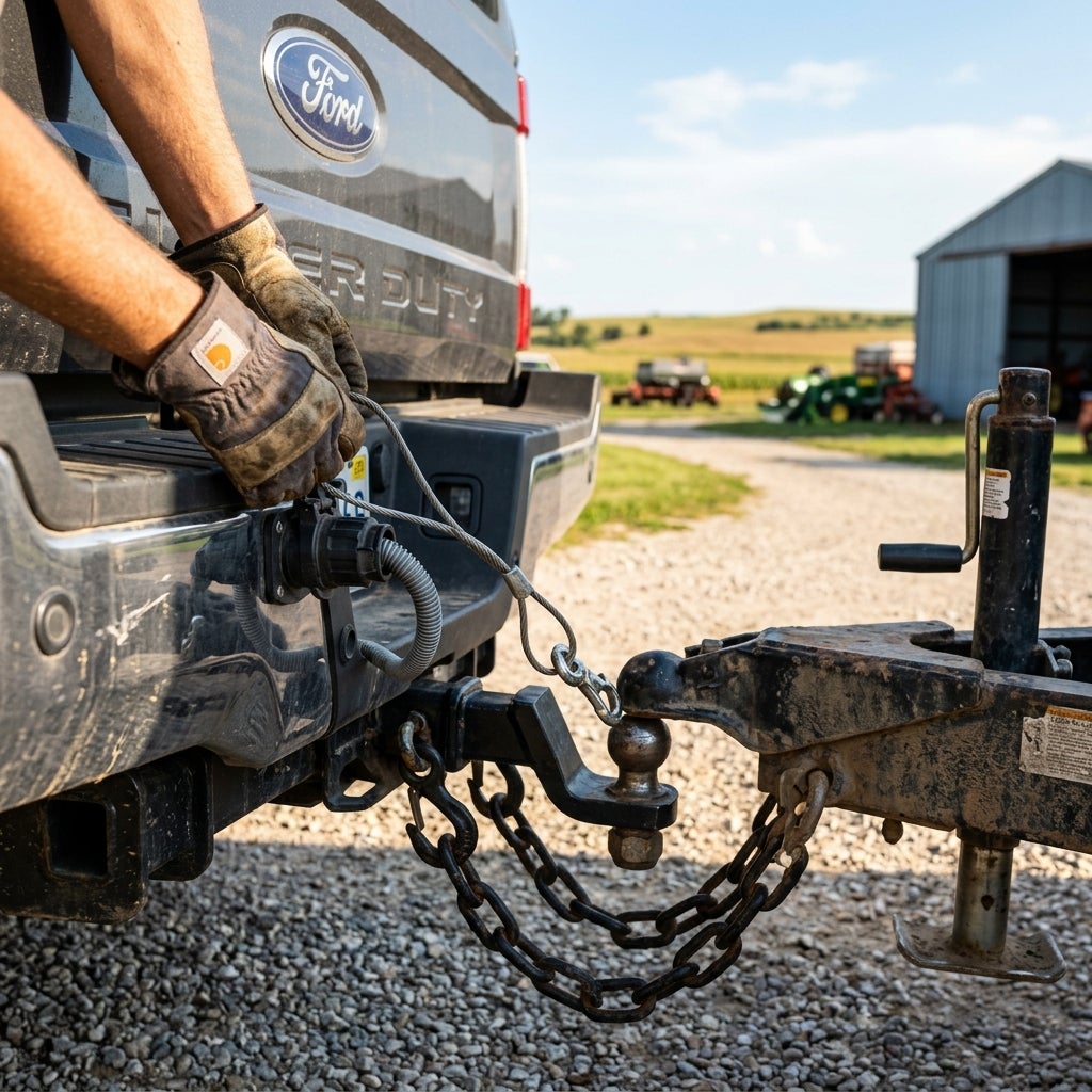 A person wearing work gloves connects a silver breakaway cable to the hitch receiver of a Ford Super Duty truck. (Representative image for illustration purposes only. Actual vehicle may vary based on trim and configuration.)