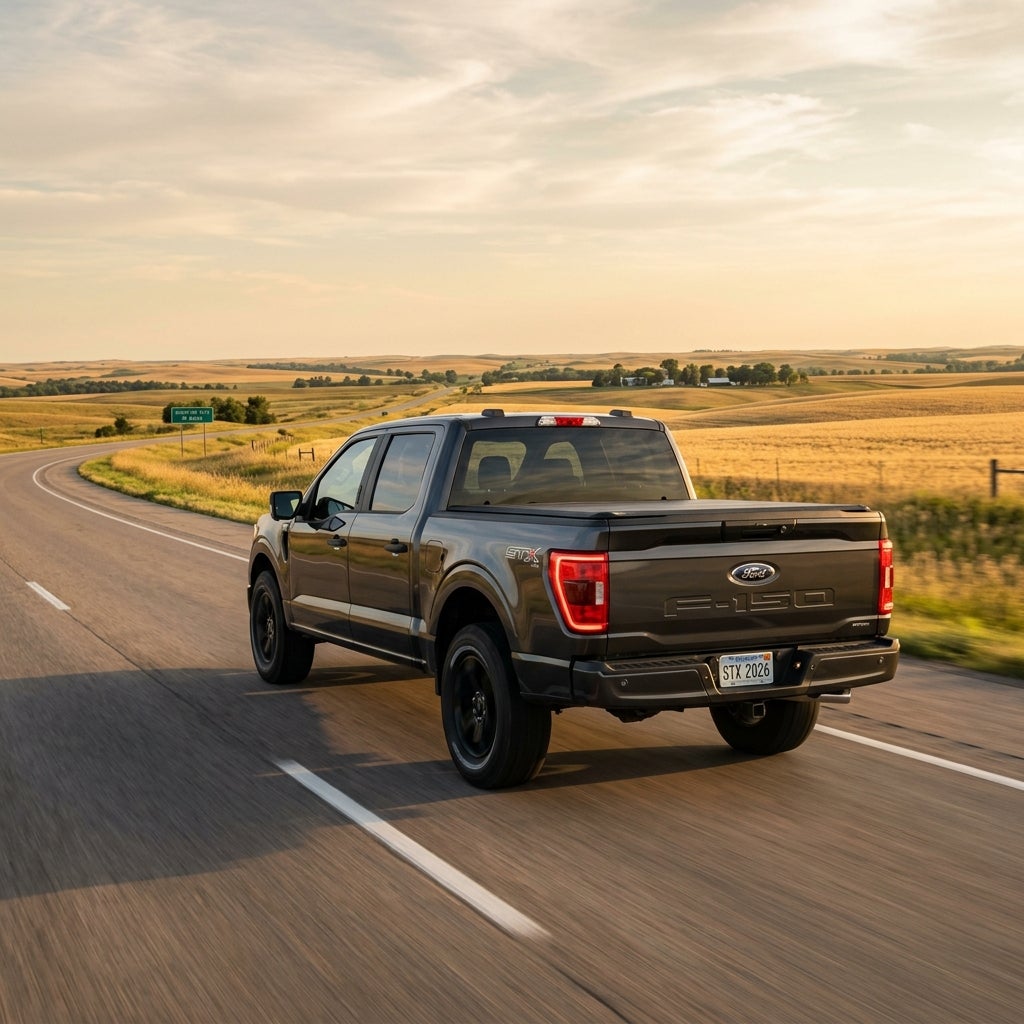 Dark gray Ford F-150 pickup truck driving on a rural asphalt road during golden hour sunset. (Representative image for illustration purposes only. Actual vehicle may vary based on trim and configuration.)